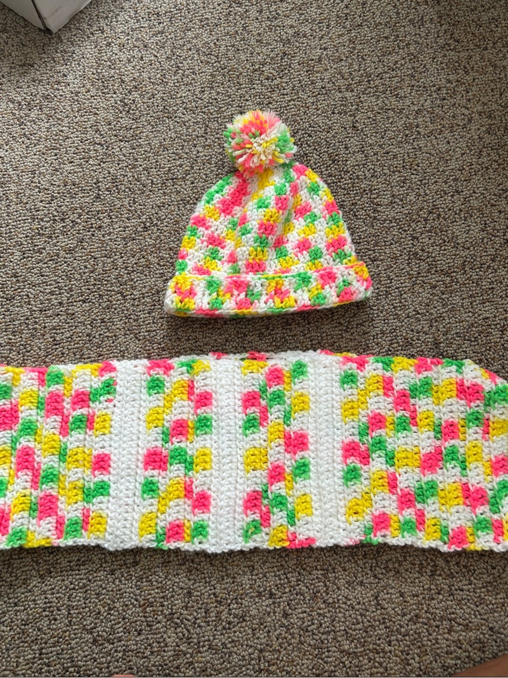 Neon Multi Crochet Pom Beanie and Scarf— Kids Winter Hat and Scarf